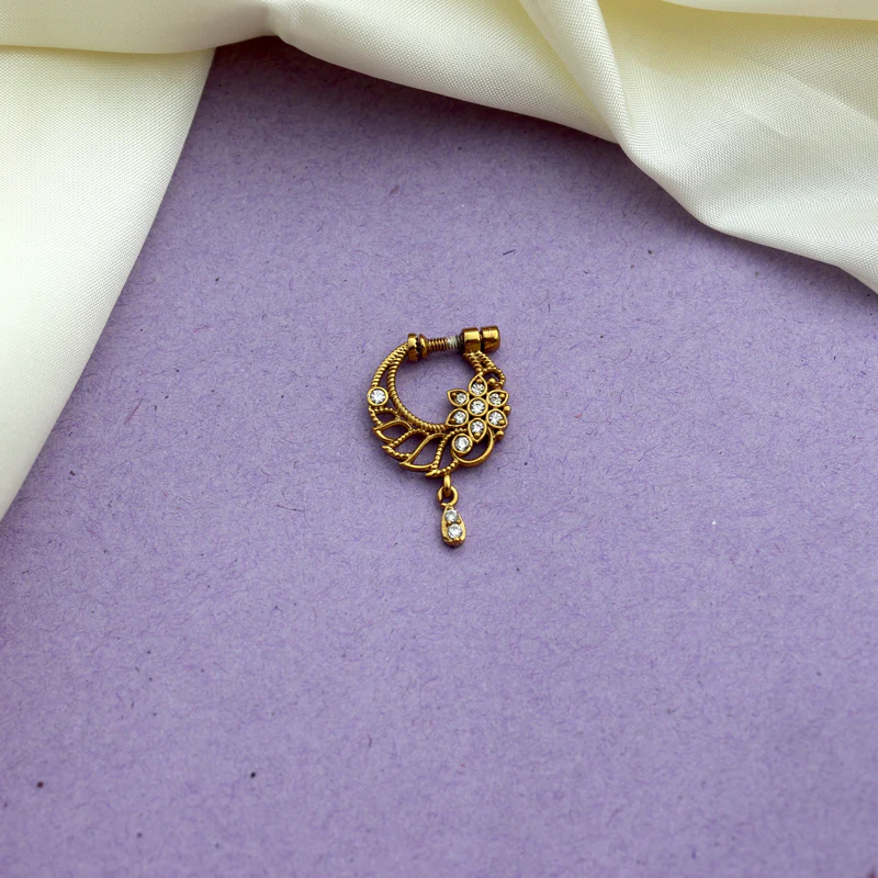 Antique Gold Matte Designer Chaand Flower Bridal Nath Nosepin